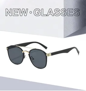 Close-up of retro double-bridge metal accents on stylish round black frame sunglasses