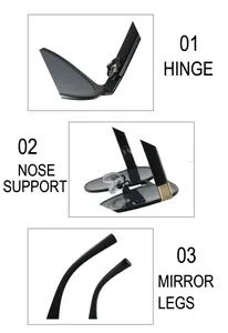 Detail view of durable metal hinges, soft nose pads and curved temple tips of sunglasses