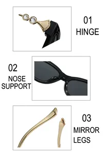 Détails des charnières en métal strass, support de nez et fines branches dorées