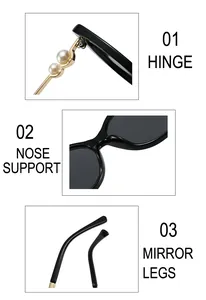Detail of oversized sunglasses showing pearl accents on hinges and integrated nose pads