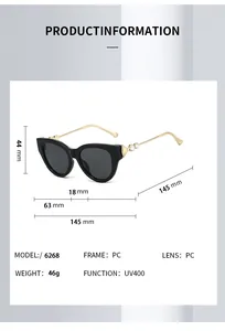 Détail de lunettes de soleil œil de chat, poids 46g, dimensions et protection UV400