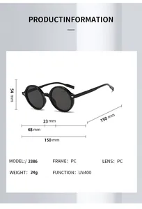 Detaillierte Größenangaben und PC-Rahmenmaterial für runde UV400-Sonnenbrillen