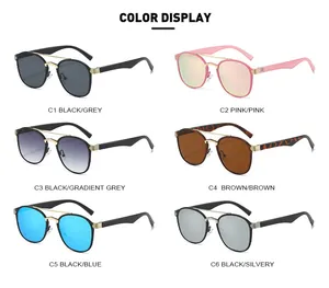 Color display of stylish double-bridge metal sunglasses with multiple lens tints