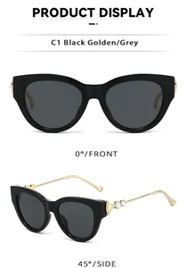 Lunettes de soleil œil de chat, monture noire, branches dorées et détails cristal