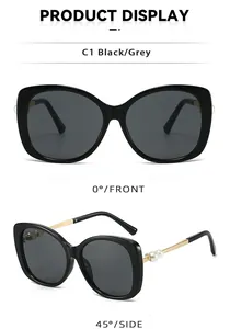 Detailed front and side views of oversized black sunglasses with pearl temple accents