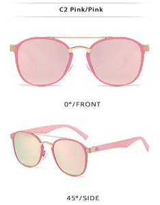 Detail view of pink metal sunglasses with double bridge and stylish striped temple finish