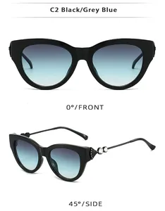Vue multi-angle détaillée de lunettes de soleil œil de chat noires avec détails en strass