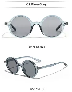 Vorder- und 45-Grad-Seitenansicht der vintage transparent blauen Rundrahmen-Sonnenbrille mit grauen Gläsern