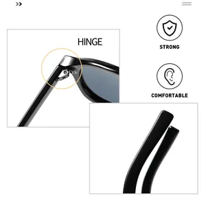 Detail view of strong metal hinges and comfortable ear tips on black sunglasses