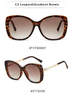 Detailed front and side views of leopard print sunglasses with elegant pearl accents