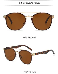 Detailed front and side views of dual-bridge pilot sunglasses with gold metal frame