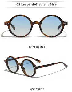 Detail der Retro-Oval-Leopardenbrille mit blauen Verlaufsgläsern und silbernen Nieten