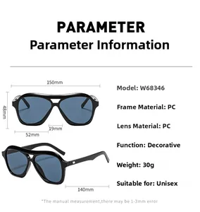 Detailed size chart for retro oversized aviator sunglasses showing frame dimensions and specs