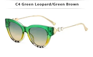 Détail de lunettes de soleil œil de chat, monture léopard vert et branches dorées