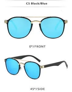 Detail view of C5 black metal sunglasses with blue mirrored lenses and double bridge design