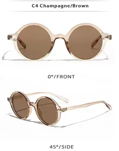 Front- und Seitenansicht der runden Vintage-Sonnenbrille in Champagner mit braunen Gläsern