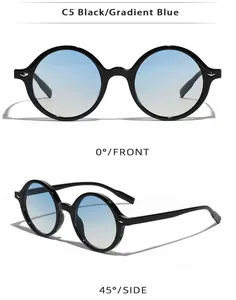 Front- und 45-Grad-Seitenansicht der runden Sonnenbrille mit schwarzem Rahmen und blauem Verlauf
