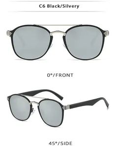 Detail view of retro double bridge round metal sunglasses in black and silver C6