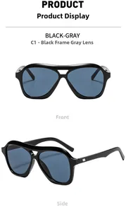 Detail view of retro double-bridge sunglasses with black frame and grey pilot style lenses