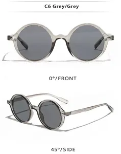 Detailansichten der durchscheinenden grauen Retro-Rundsonnenbrille von vorne und der Seite