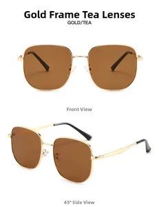Détail de lunettes de soleil carrées en métal doré avec verres thé de face et de côté