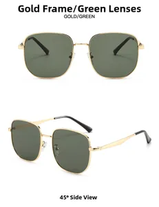 Vue détaillée de lunettes de soleil dorées avec verres verts et monture métal