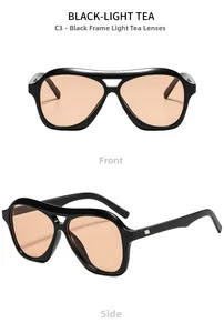 Retro double bridge sunglasses with black frames and light tea lenses front side view