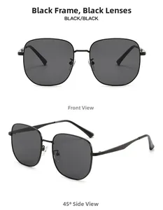 Vues de face et de côté des lunettes de soleil carrées en métal noir avec verres gris