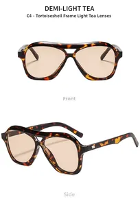 Detail view of aviator tortoise shell sunglasses with light tea lenses and metal hinges