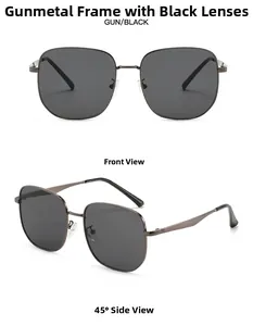 Vues de face et à 45 degrés de lunettes de soleil en métal gris avec verres foncés