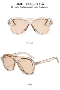 Macro view of C5 light tea aviator sunglasses with double bridge and front/side angles