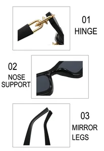 Detailed views of black cat-eye sunglasses with gold spike rivets and sleek hinges
