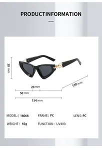 Detailed size chart of cat-eye sunglasses with gold arrow metal chain decor
