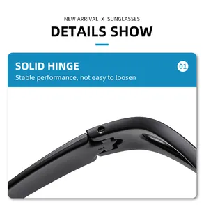 Detail of the solid reinforced hinge on matte black sports sunglasses for durability