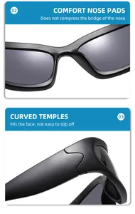 Detailed macro view of non-slip nose pads and ergonomic temples of black sports sunglasses
