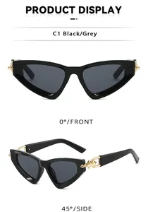 Detailed views of cat-eye sunglasses with gold arrow chain design and black frames