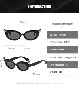 Detailed size specifications for cat eye sunglasses with silver devil horn accents