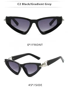 Front and side view of cat eye sunglasses with silver metal arrow hinge detail