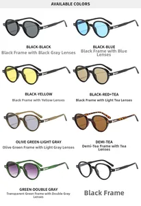 Detailed grid of retro round sunglasses showing various frame colors and tinted lenses