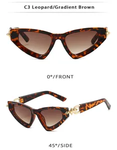 Cat eye leopard sunglasses with gradient brown lenses and golden chain metal temple details