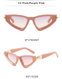 Macro detail of cat-eye sunglasses featuring pink frames and gold metal arrow hinge accents