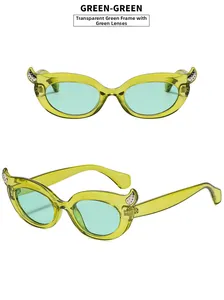 Detail view of cat eye sunglasses with green lenses and transparent frames for fashion