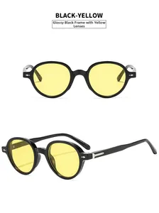 Detailed views of vintage round sunglasses in bright black frame with yellow lenses