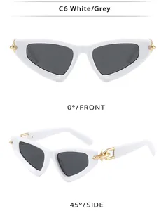 Cat eye sunglasses with white frames, grey lenses, and gold arrow metal accents in C6 style