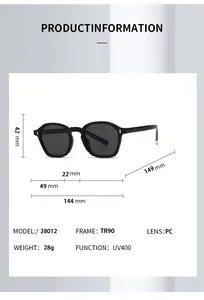 Detailed size specifications for TR90 sunglasses with UV400 protection and PC lenses