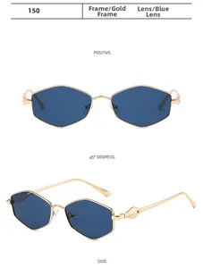 Details von sechseckigen Metall-Sonnenbrillen in Gold mit blauen Gläsern aus drei Winkeln