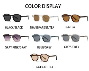 Flat lay of retro square sunglasses in seven assorted frame and lens colors