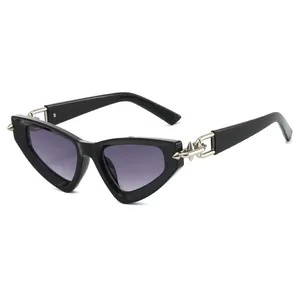Black cat eye triangle sunglasses with gradient lenses and silver arrow metal studs