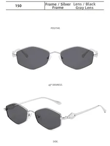 Detailansichten von silbernen geometrischen Metallrahmen und dunkelgrauen Gläsern der Brille