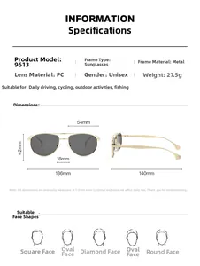 Detailed sizing chart and specifications for metal frame aviator pilot sunglasses